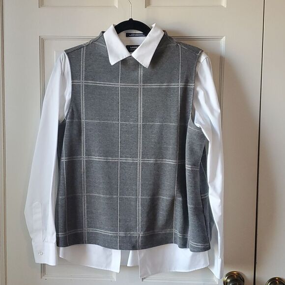 NWT CYNTHIA ROWLEY KNIT VEST SLEEVELSS TOP WINDOWPANE MOCK NECK GRAY SIZE 14 - Picture 2 of 7